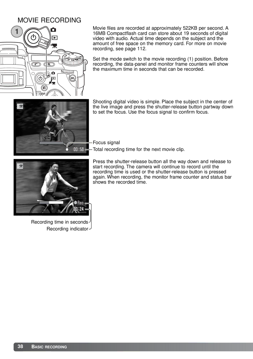 Minolta A1 instruction manual Movie Recording, Recording, see 