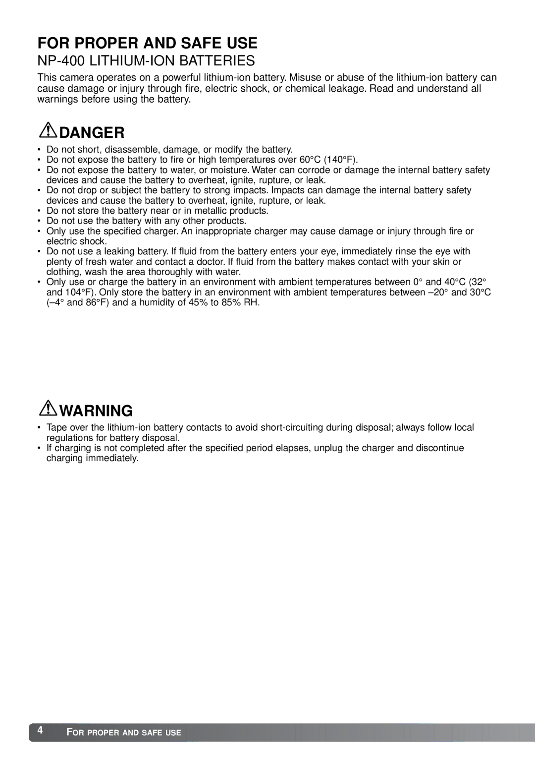 Minolta A1 instruction manual For Proper and Safe USE, NP-400 LITHIUM-ION Batteries 