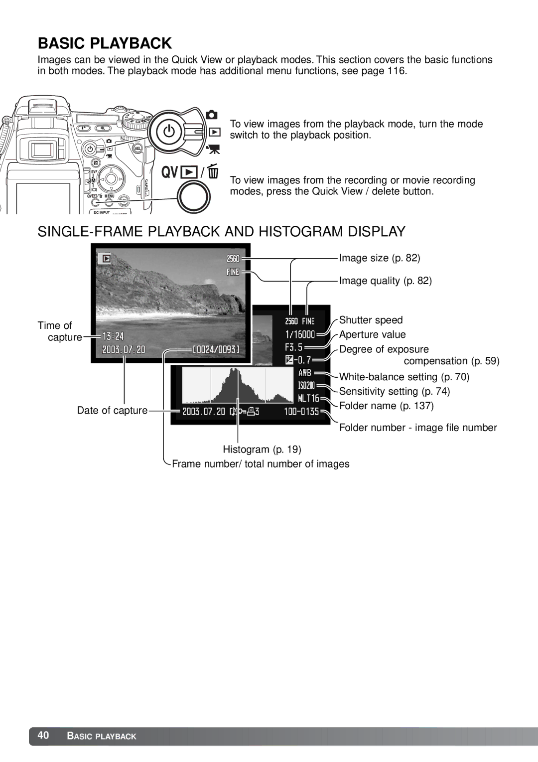 Minolta A1 instruction manual Basic Playback, SINGLE-FRAME Playback and Histogram Display 