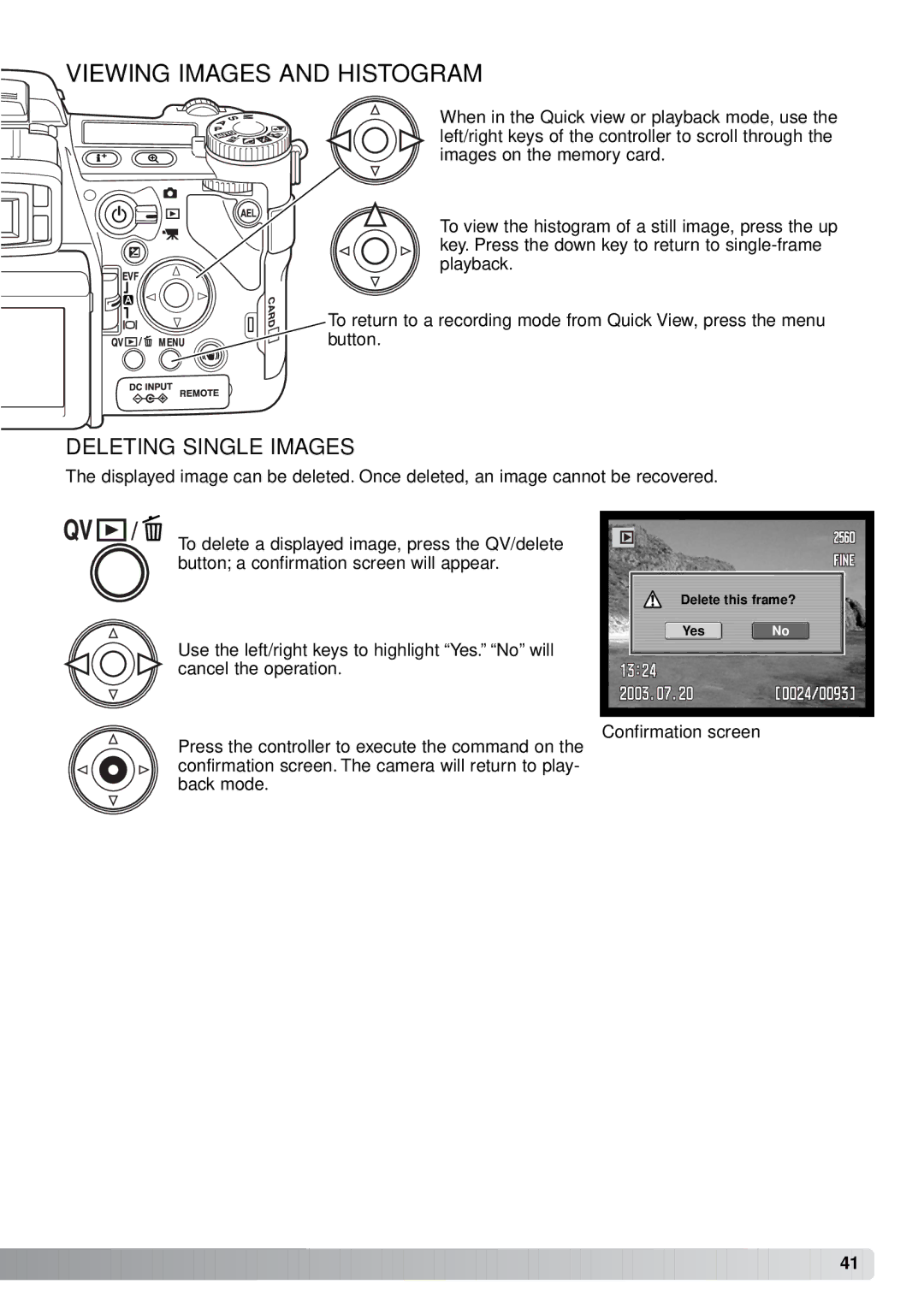 Minolta A1 instruction manual Viewing Images and Histogram, Deleting Single Images 