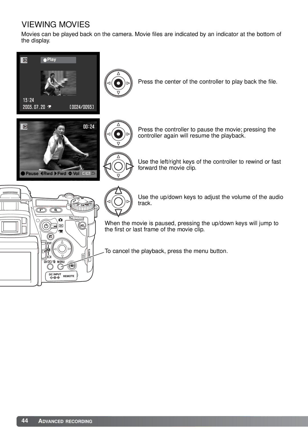 Minolta A1 instruction manual Viewing Movies 