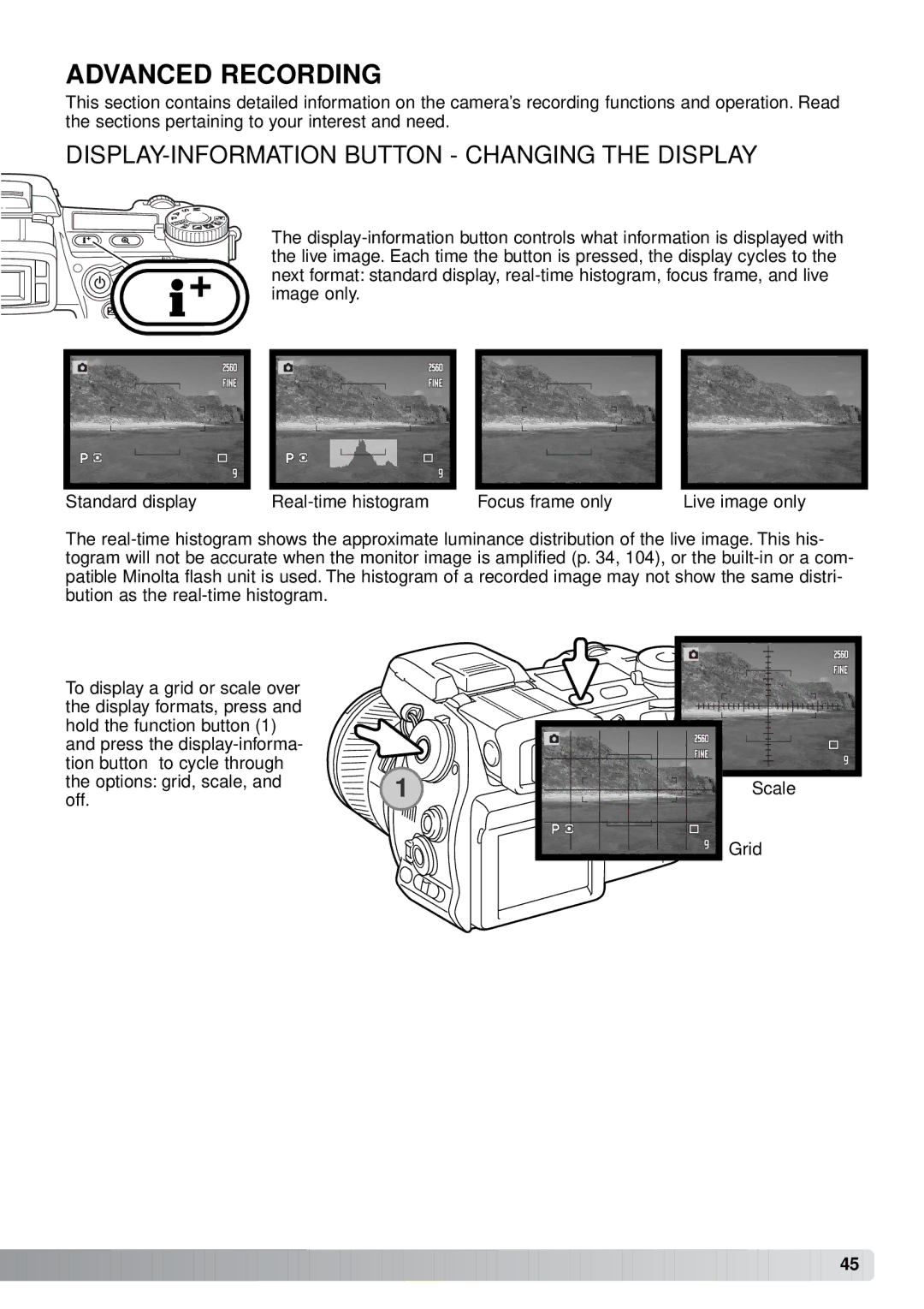 Minolta A1 instruction manual Advanced Recording, DISPLAY-INFORMATION Button Changing the Display 