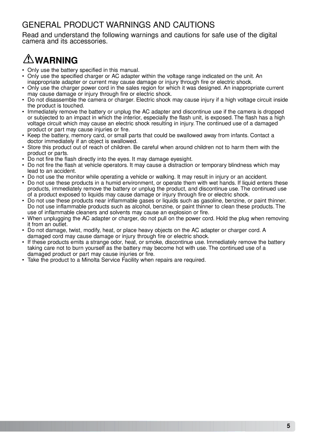 Minolta A1 instruction manual General Product Warnings and Cautions, Only use the battery specified in this manual 