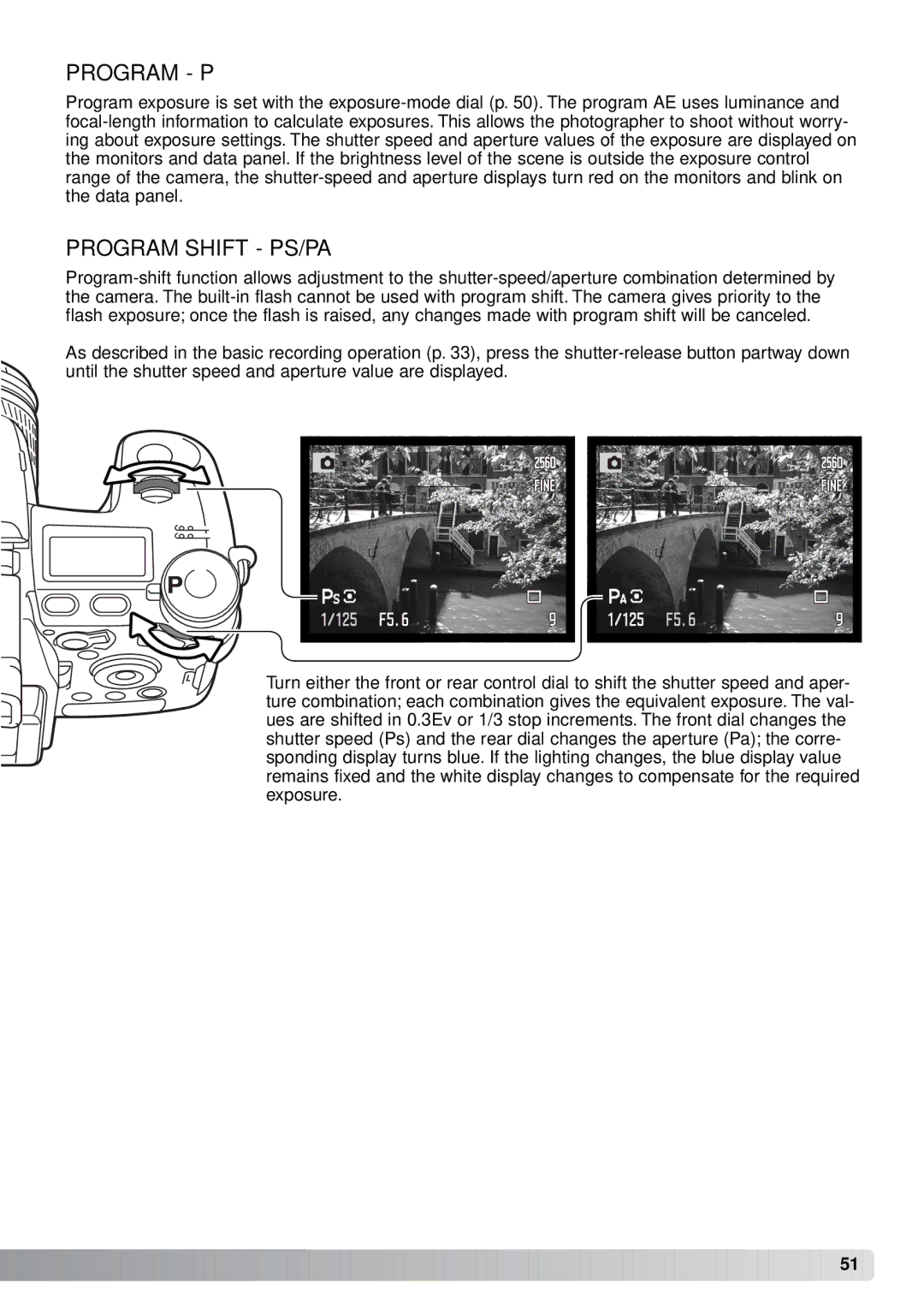 Minolta A1 instruction manual Program P, Program Shift PS/PA 