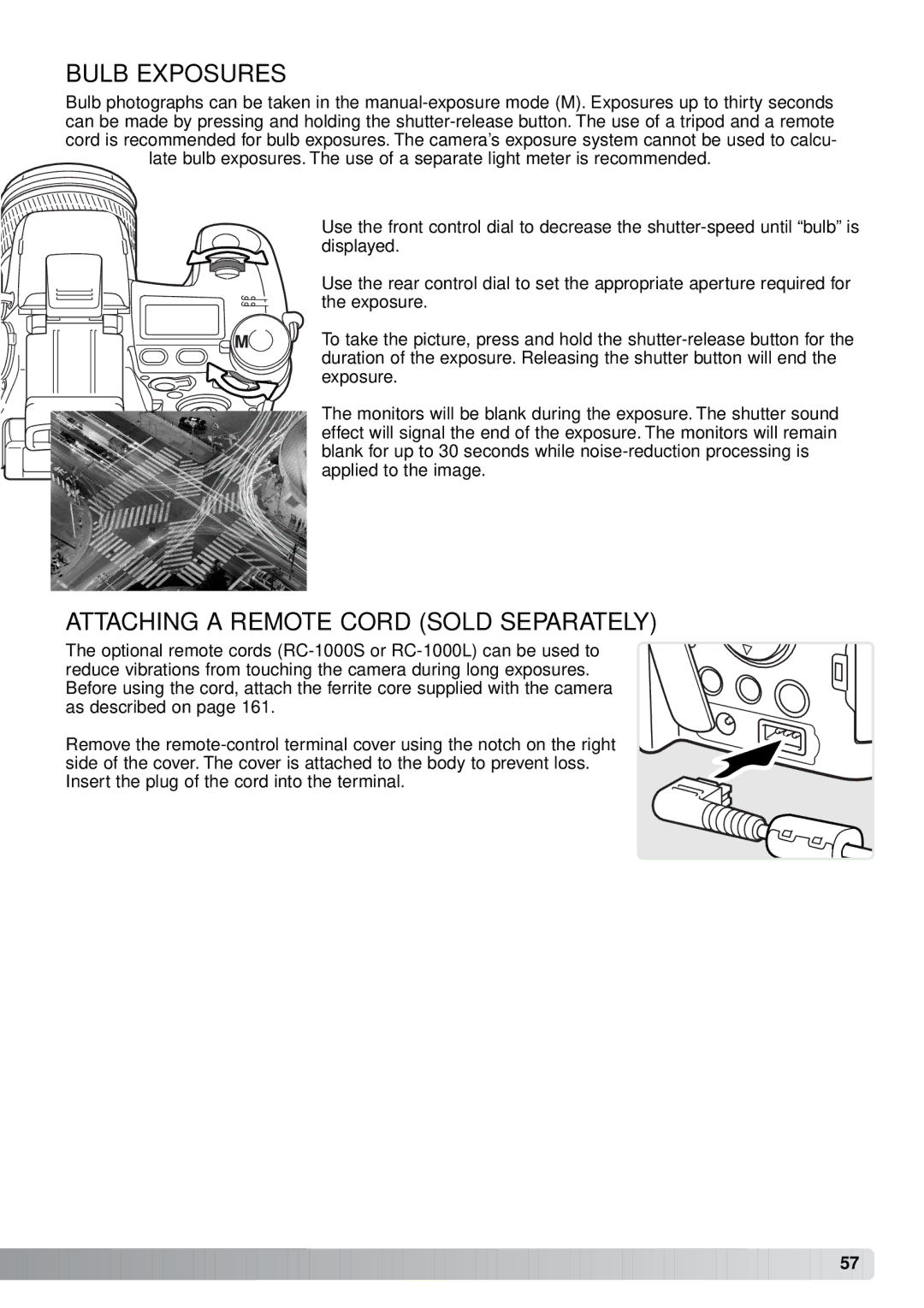 Minolta A1 instruction manual Bulb Exposures, Attaching a Remote Cord Sold Separately 