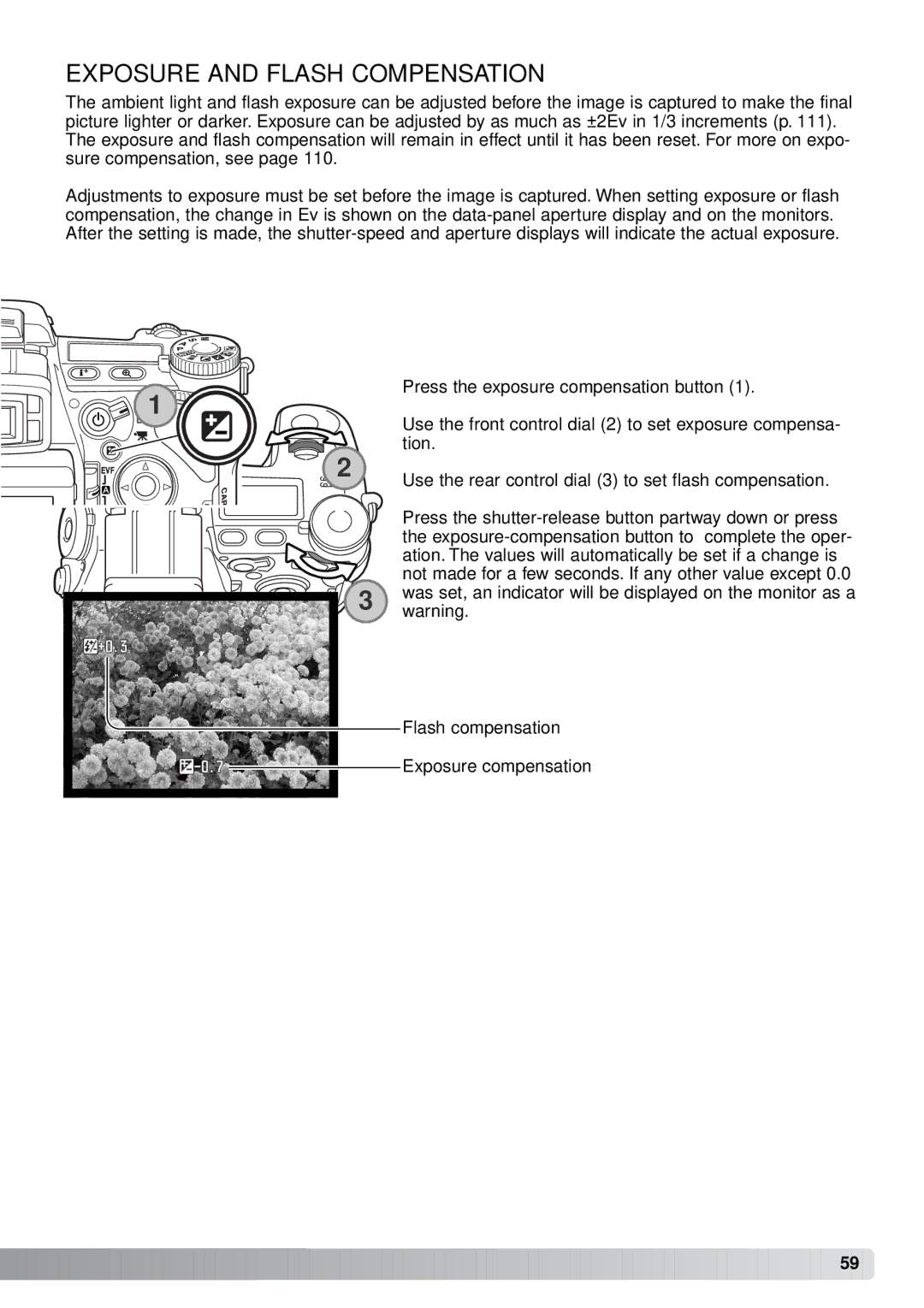 Minolta A1 instruction manual Exposure and Flash Compensation 