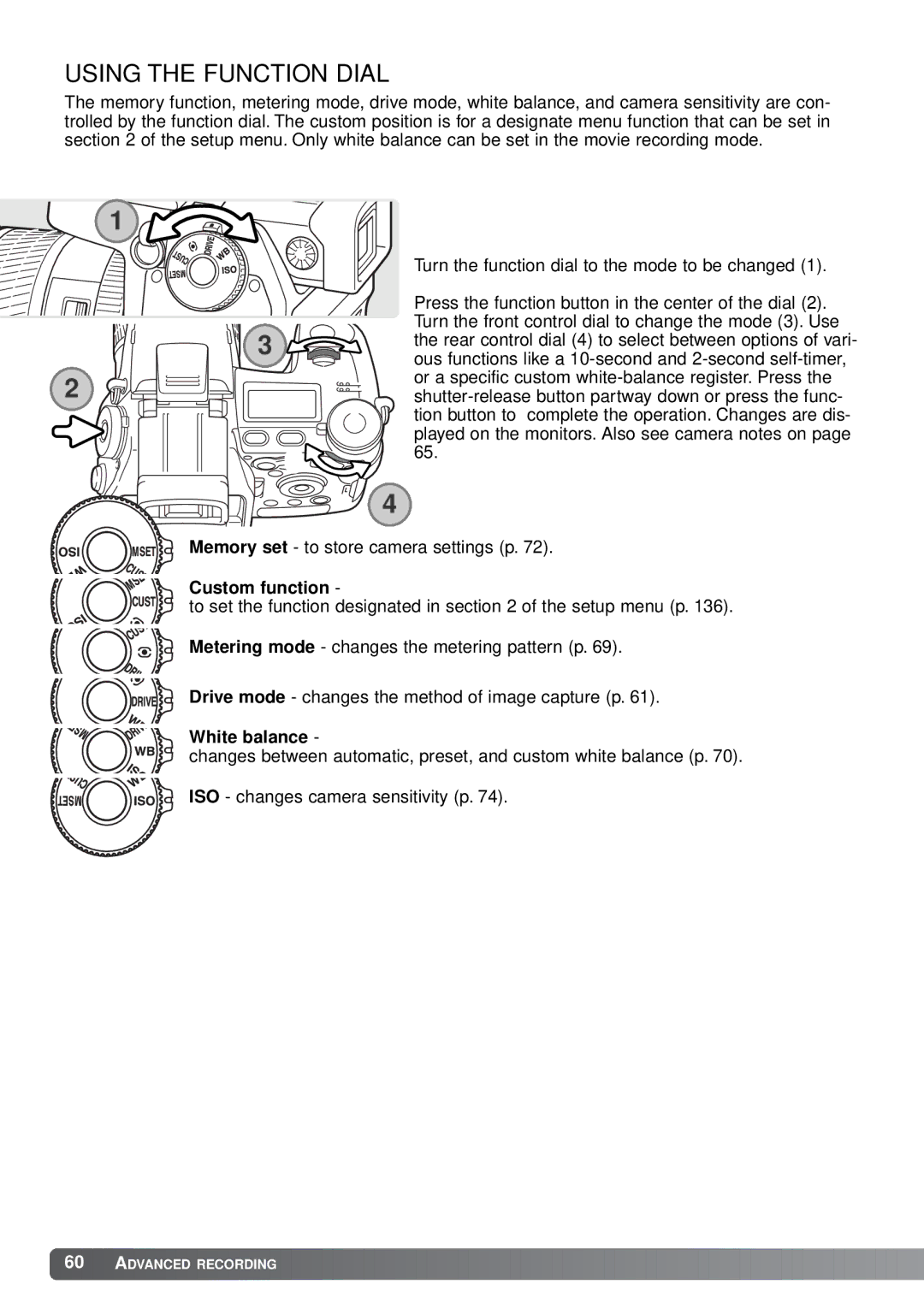 Minolta A1 instruction manual Using the Function Dial, Custom function 