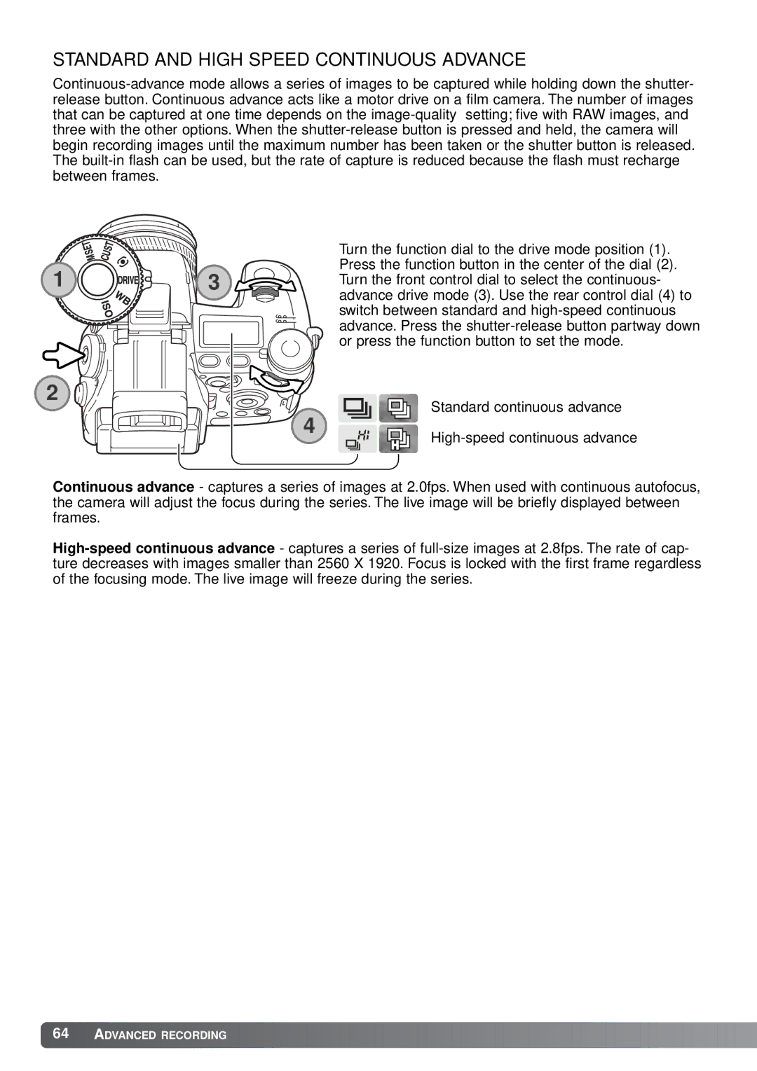 Minolta A1 instruction manual Standard and High Speed Continuous Advance 