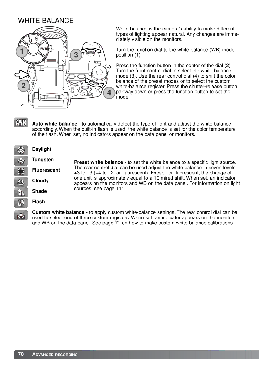 Minolta A1 instruction manual White Balance, Daylight Tungsten Fluorescent Cloudy Shade Flash 