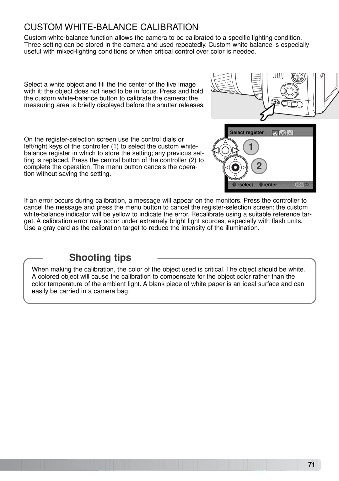 Minolta A1 instruction manual Custom WHITE-BALANCE Calibration 