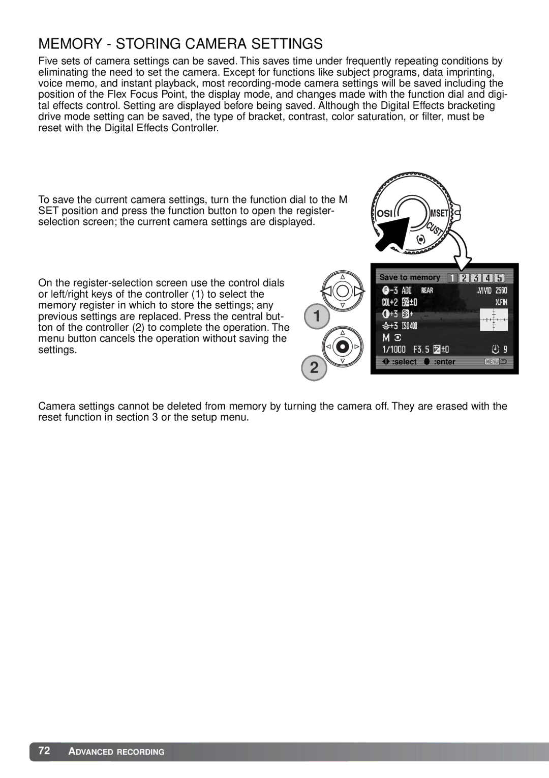 Minolta A1 instruction manual Memory Storing Camera Settings 