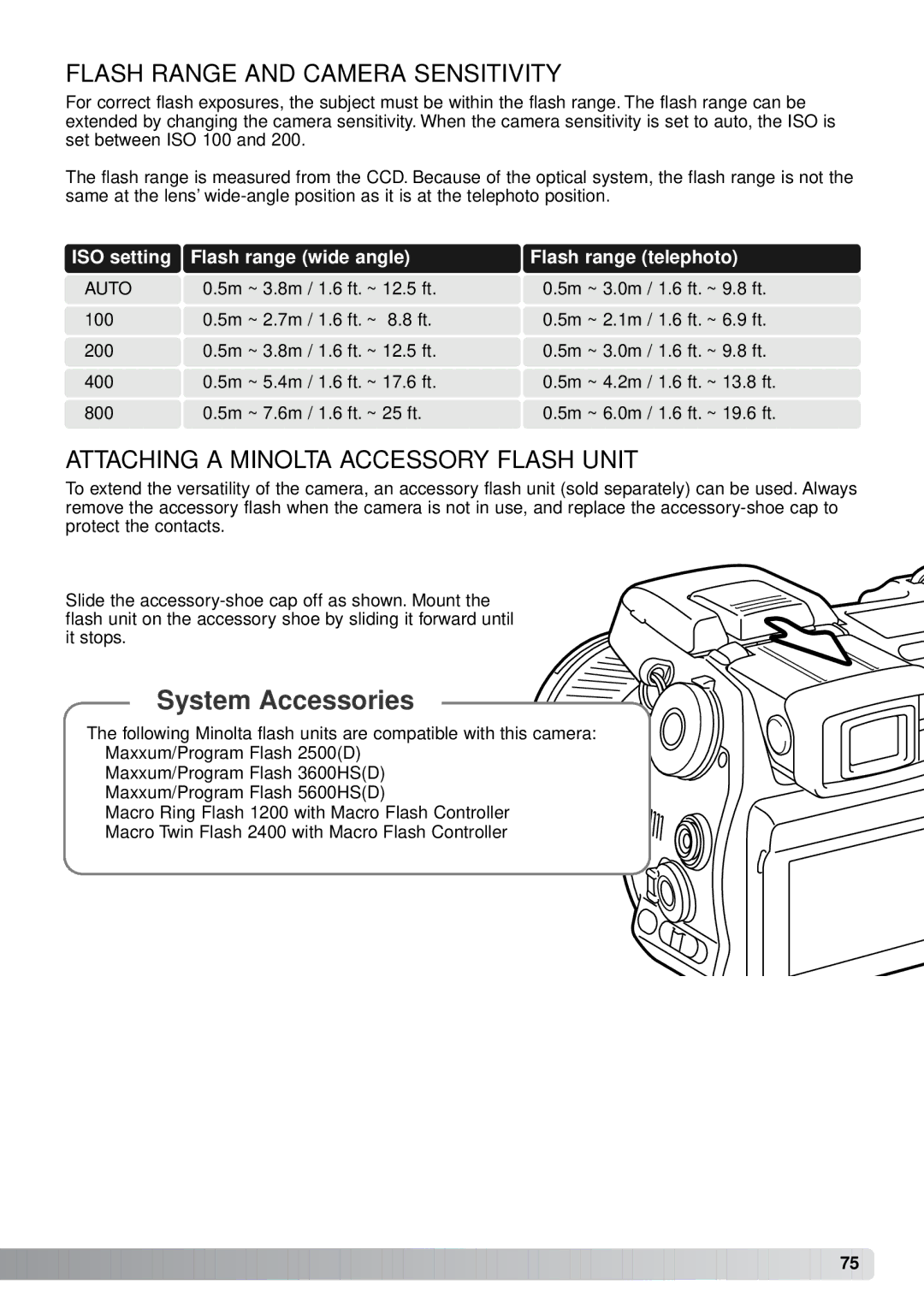 Minolta A1 instruction manual Flash Range and Camera Sensitivity, Attaching a Minolta Accessory Flash Unit 