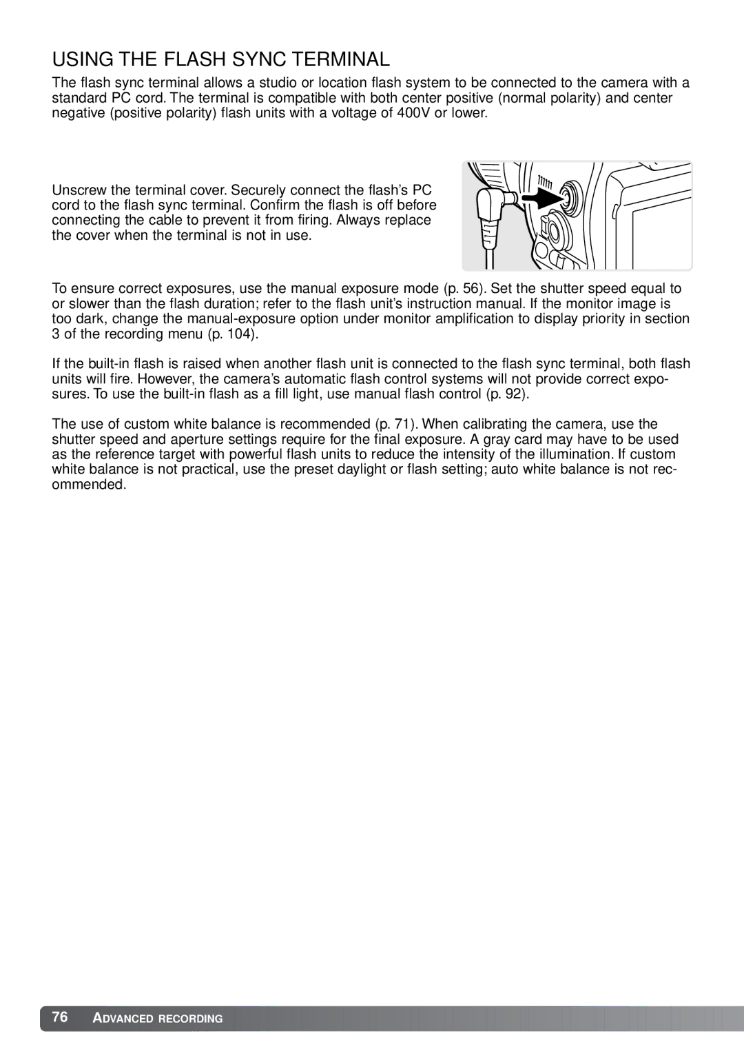 Minolta A1 instruction manual Using the Flash Sync Terminal 