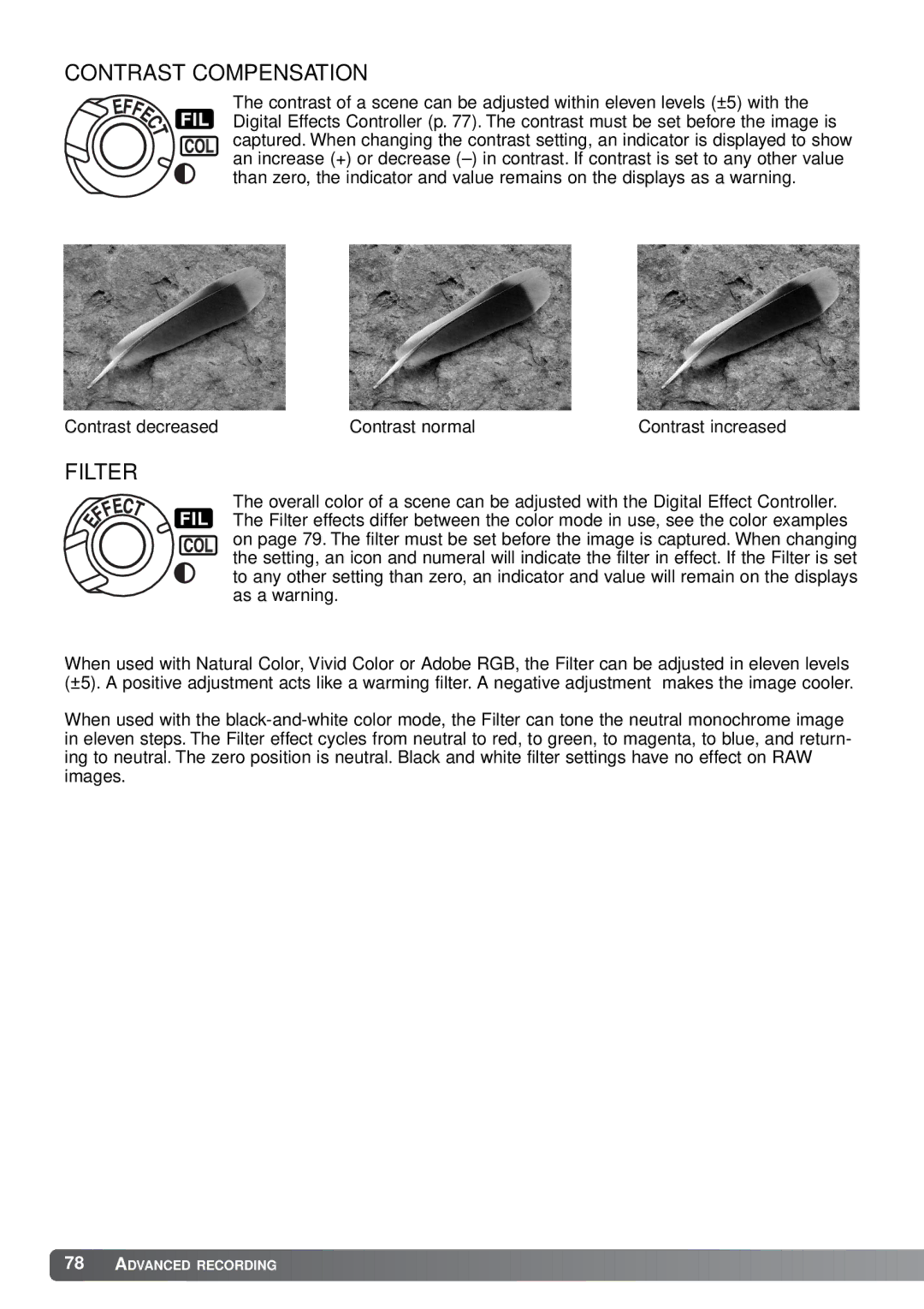 Minolta A1 instruction manual Contrast Compensation, Filter 