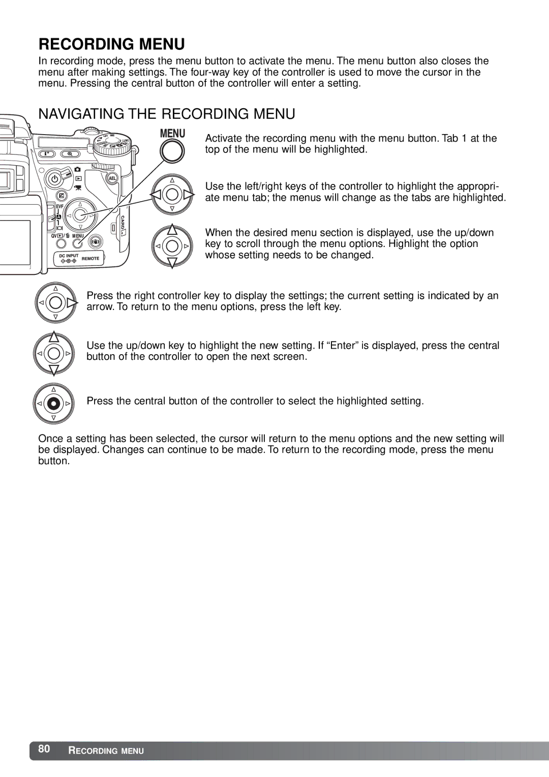 Minolta A1 instruction manual Navigating the Recording Menu 