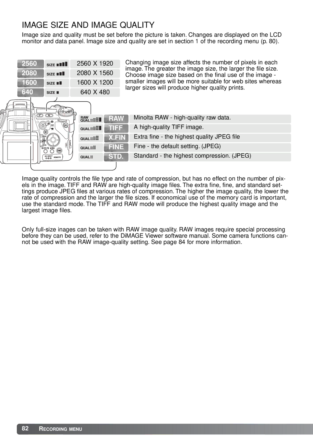 Minolta A1 instruction manual Image Size and Image Quality, 2080 