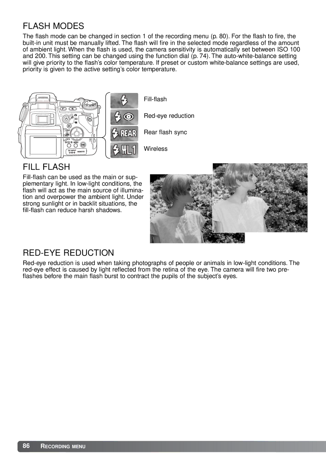 Minolta A1 instruction manual Flash Modes, Fill Flash, RED-EYE Reduction 