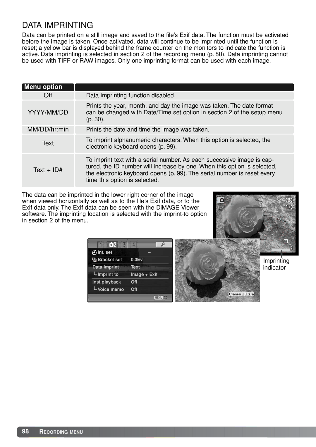 Minolta A1 instruction manual Data Imprinting, Yyyy/Mm/Dd 