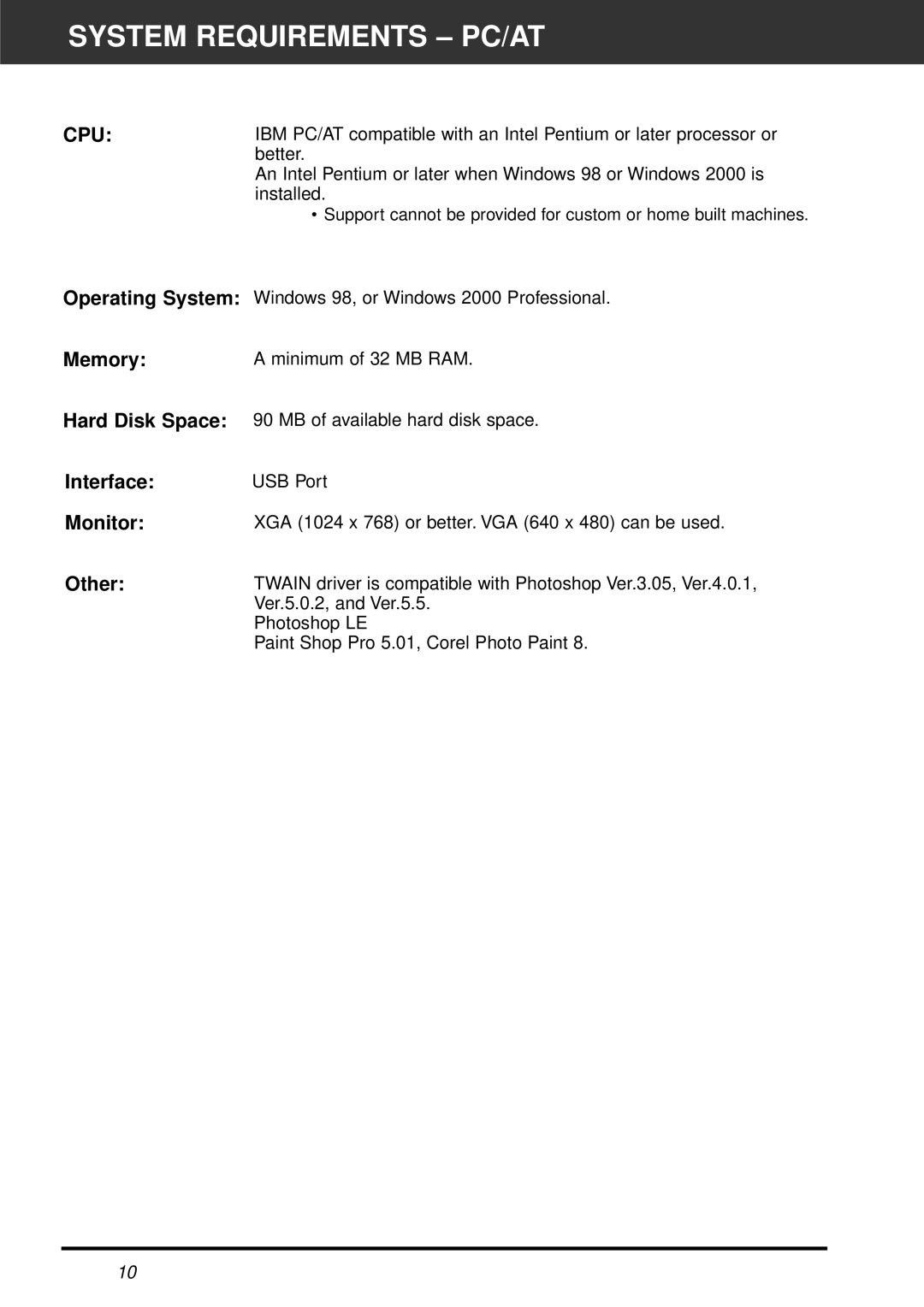 Minolta AF-2820U manual System Requirements PC/AT 