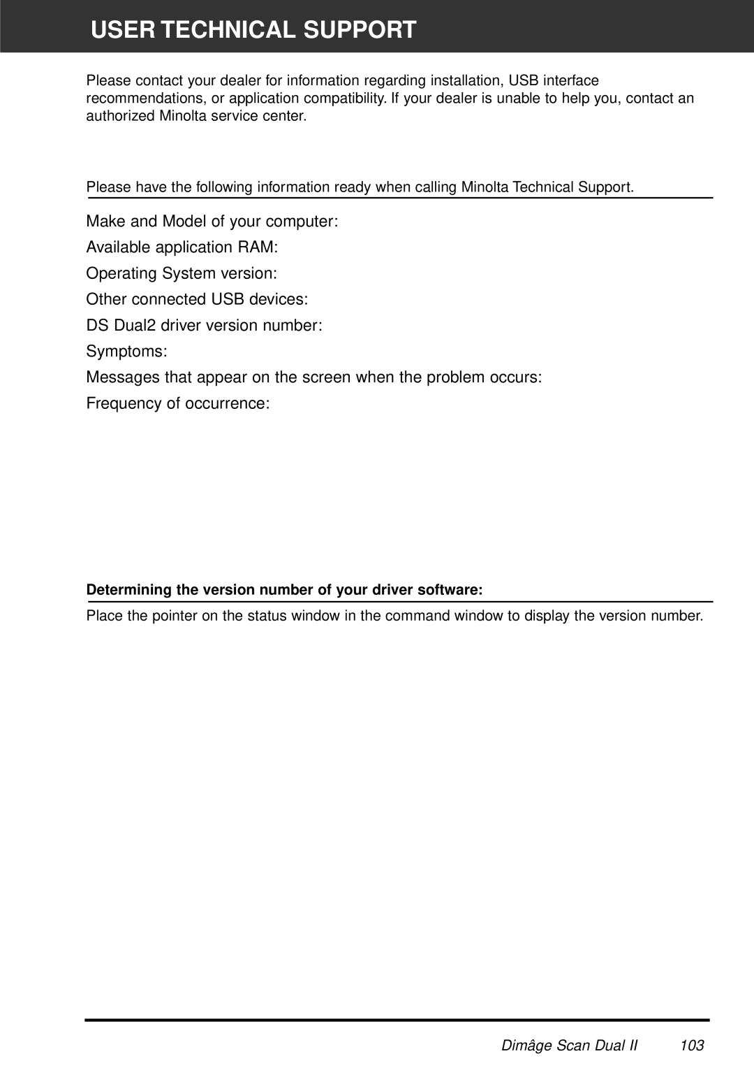 Minolta AF-2820U manual User Technical Support, Determining the version number of your driver software 