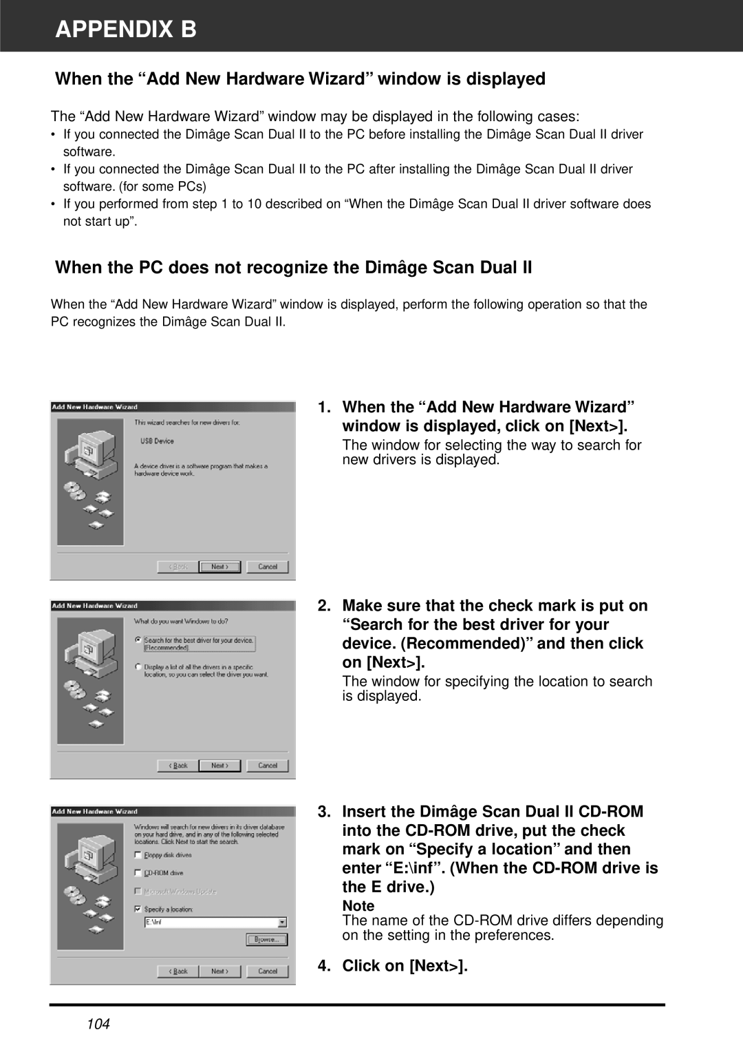 Minolta AF-2820U manual Appendix B, When the Add New Hardware Wizard window is displayed 