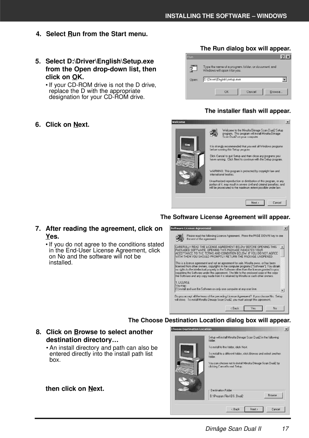 Minolta AF-2820U manual Click on Next, After reading the agreement, click on Yes, Then click on Next 