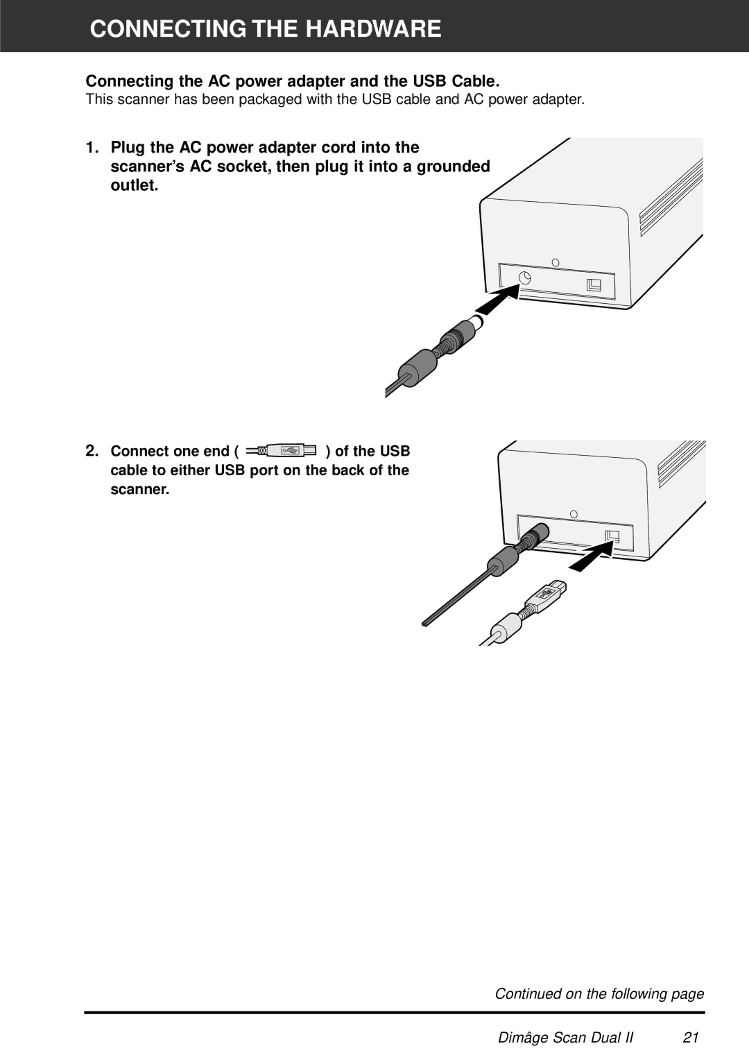 Minolta AF-2820U manual Connecting the Hardware, Connecting the AC power adapter and the USB Cable 