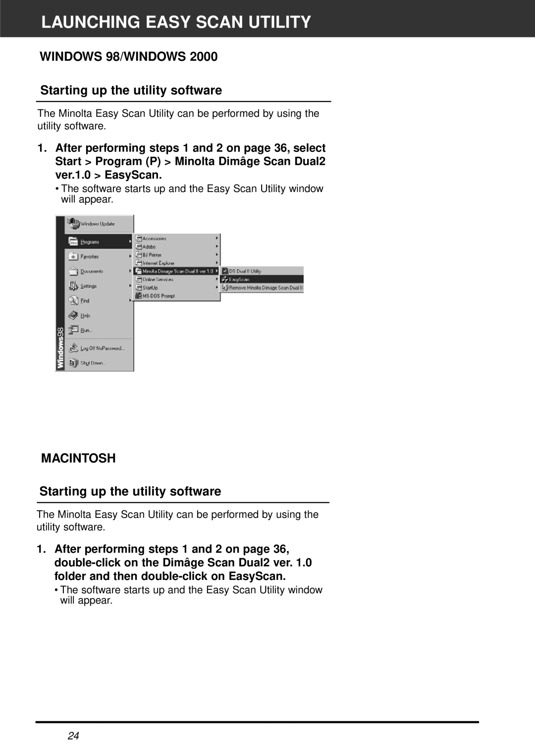 Minolta AF-2820U manual Launching Easy Scan Utility, Starting up the utility software 