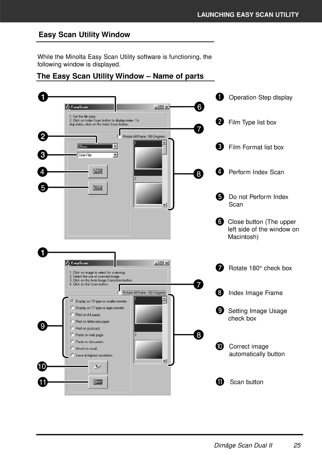 Minolta AF-2820U manual Easy Scan Utility Window Name of parts 