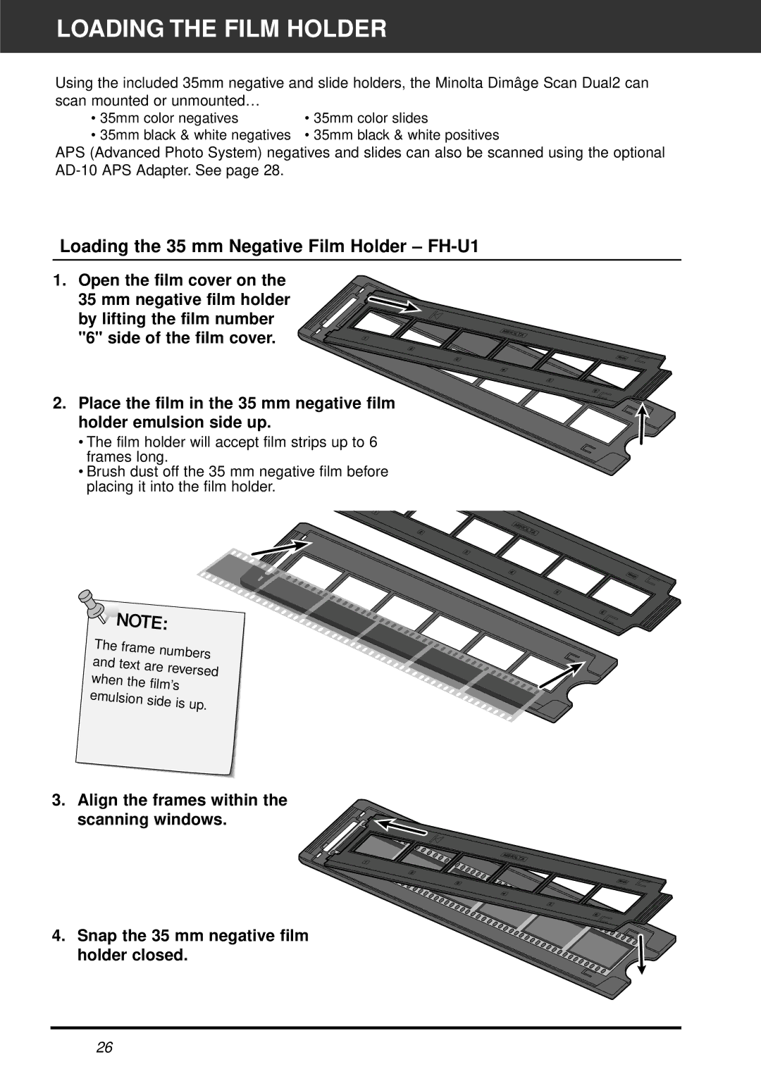 Minolta AF-2820U manual Loading the Film Holder, Loading the 35 mm Negative Film Holder FH-U1 