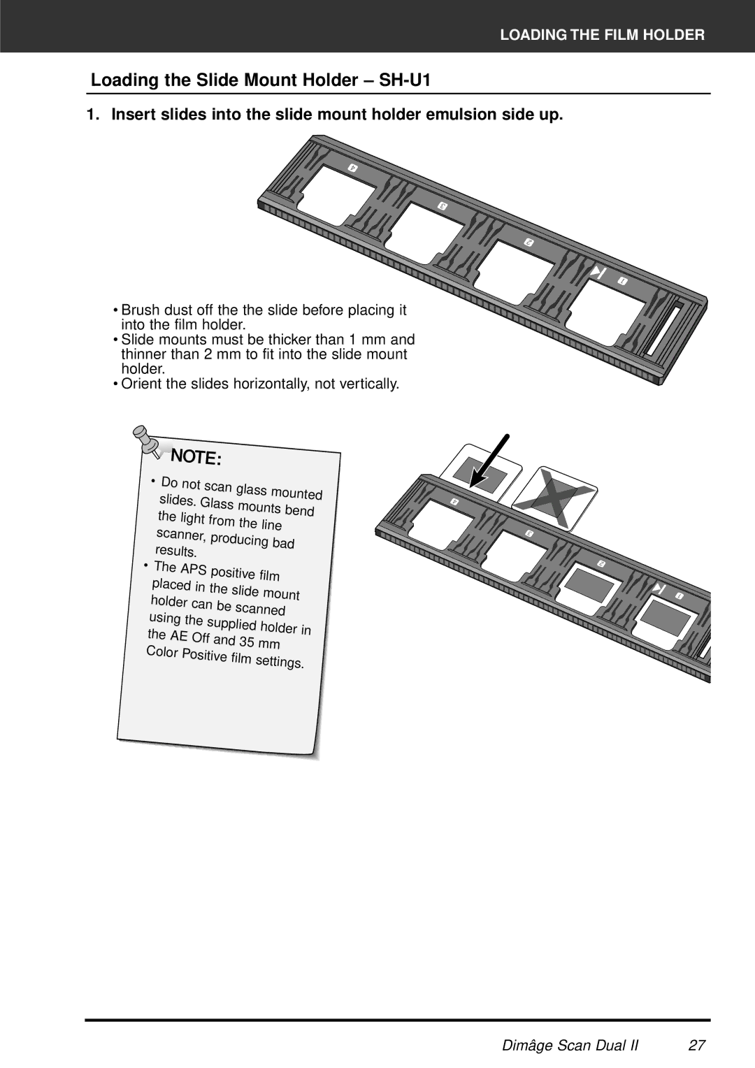 Minolta AF-2820U manual Loading the Slide Mount Holder SH-U1, Insert slides into the slide mount holder emulsion side up 