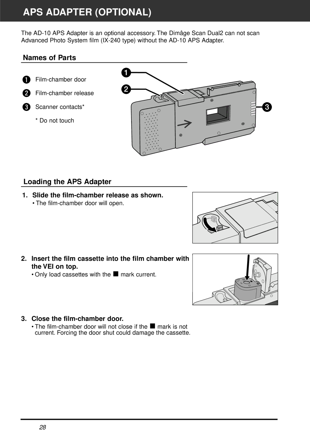 Minolta AF-2820U APS Adapter Optional, Names of Parts, Loading the APS Adapter, Slide the film-chamber release as shown 