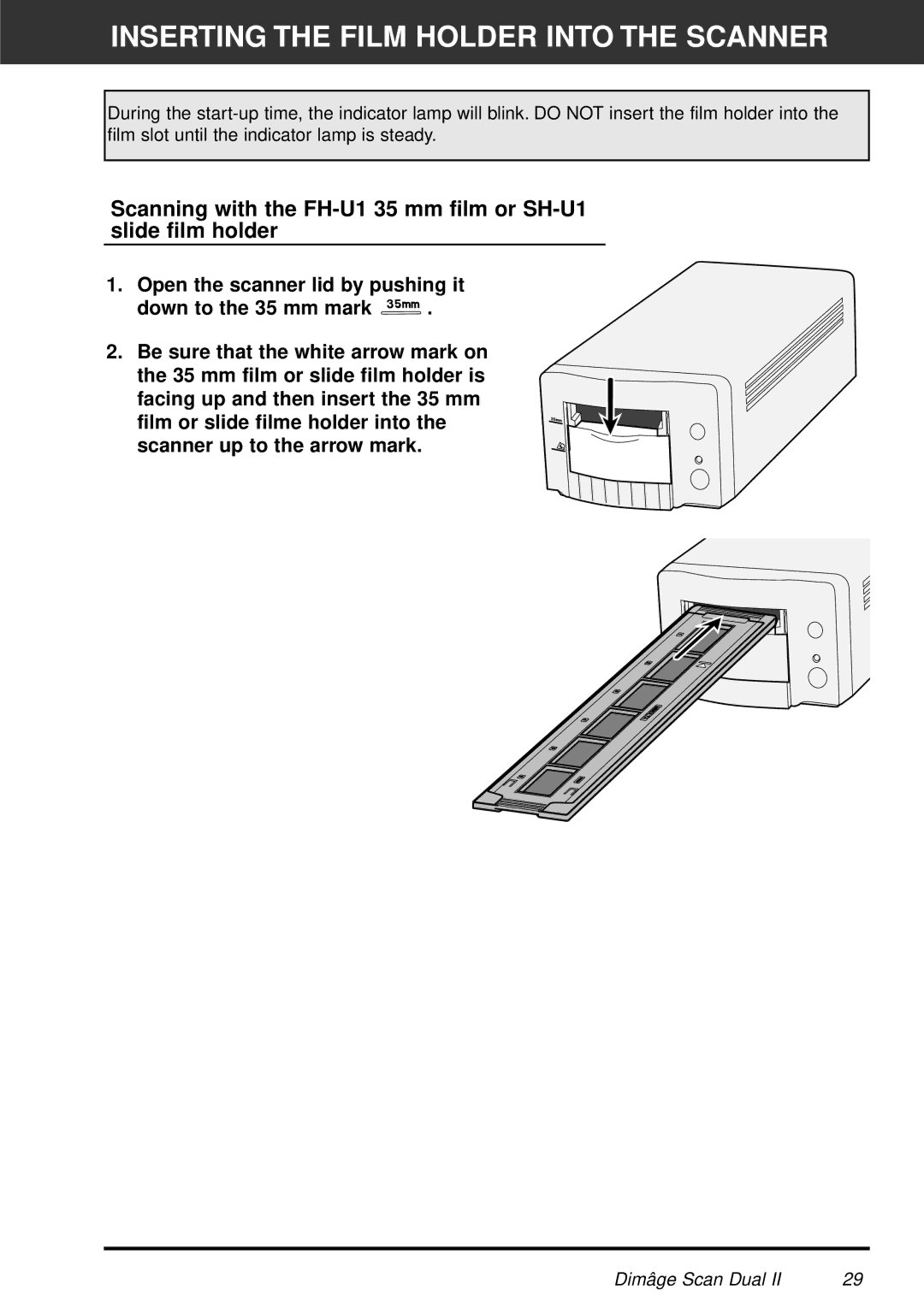 Minolta AF-2820U manual Inserting the Film Holder Into the Scanner 