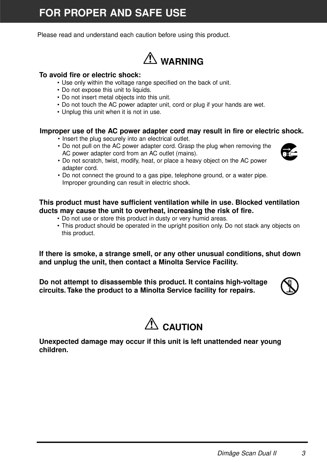 Minolta AF-2820U manual For Proper and Safe USE, To avoid fire or electric shock 