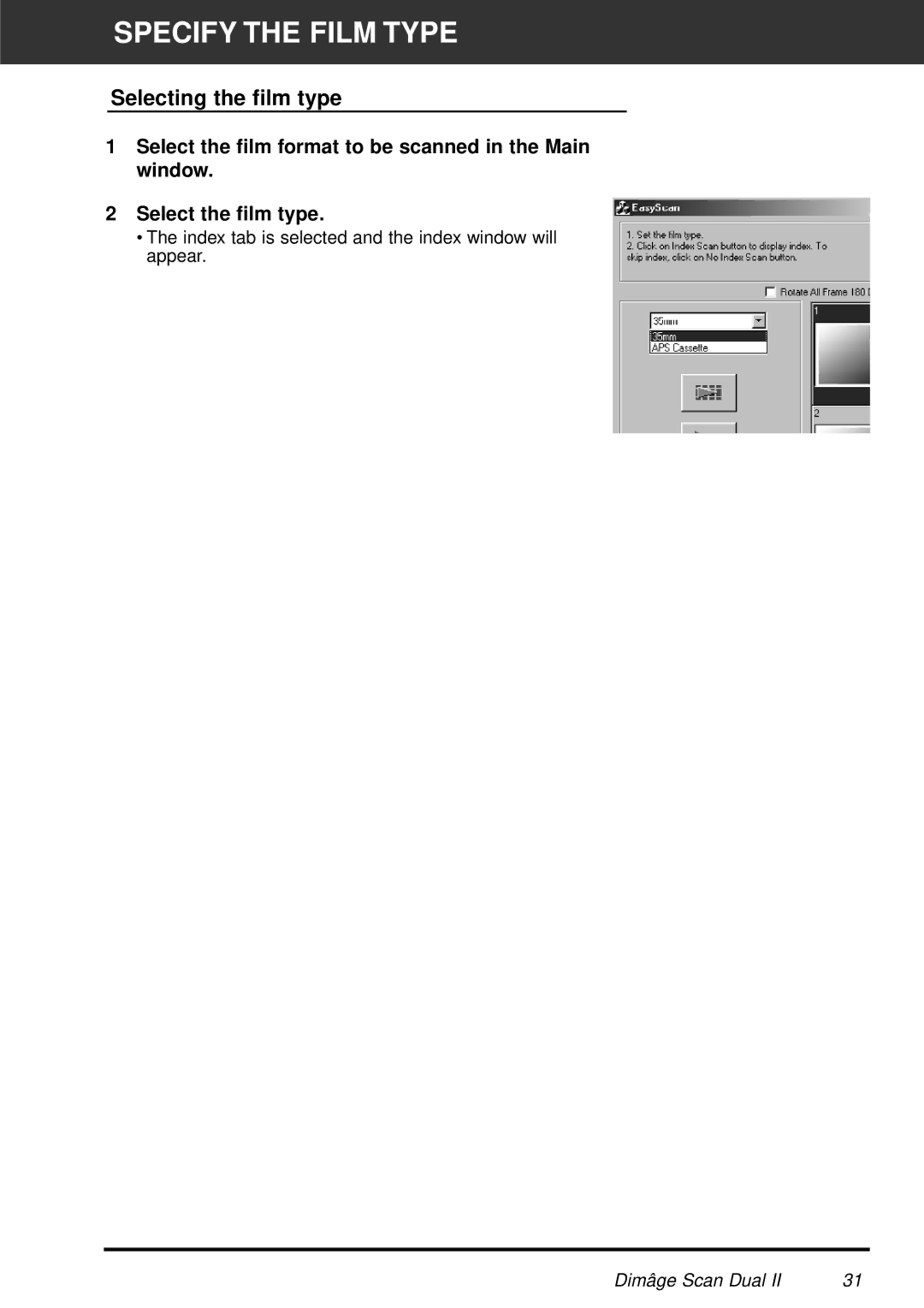 Minolta AF-2820U manual Specify the Film Type, Selecting the film type 