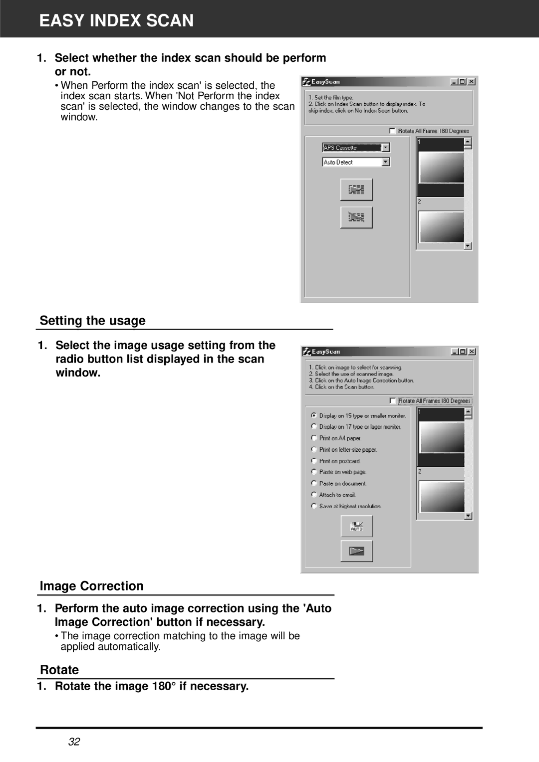 Minolta AF-2820U manual Easy Index Scan, Setting the usage, Image Correction, Rotate 