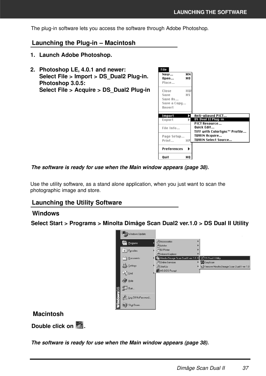 Minolta AF-2820U manual Launching the Plug-in Macintosh, Launching the Utility Software Windows, Double click on 