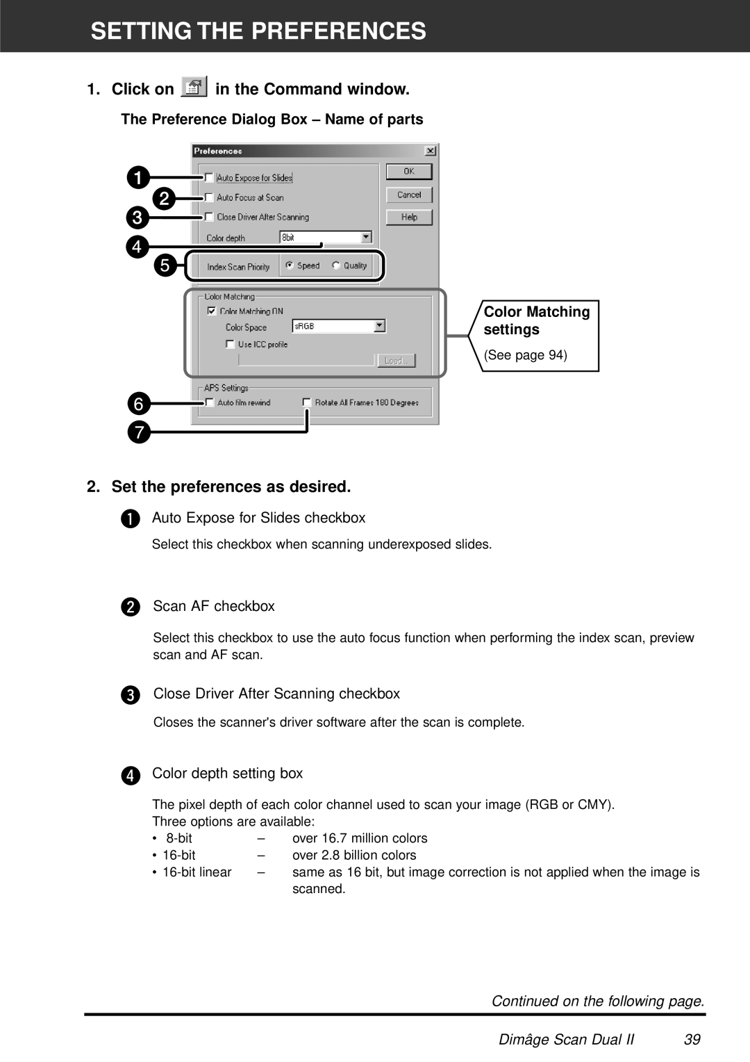 Minolta AF-2820U manual Setting the Preferences, Click on in the Command window, Set the preferences as desired 