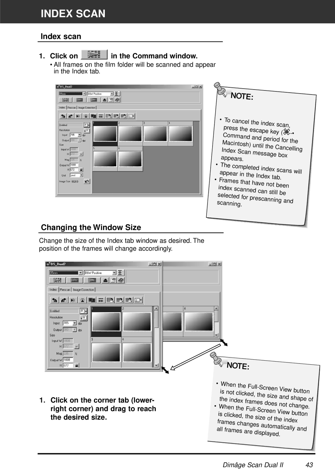 Minolta AF-2820U manual Index Scan, Index scan, Changing the Window Size 