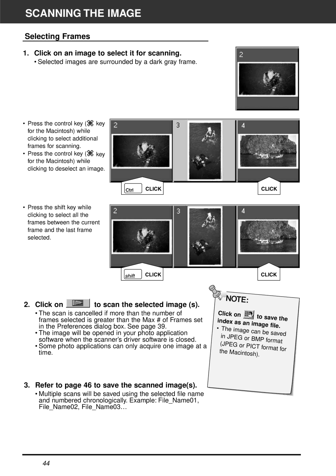 Minolta AF-2820U manual Scanning the Image, Selecting Frames, Click on an image to select it for scanning 