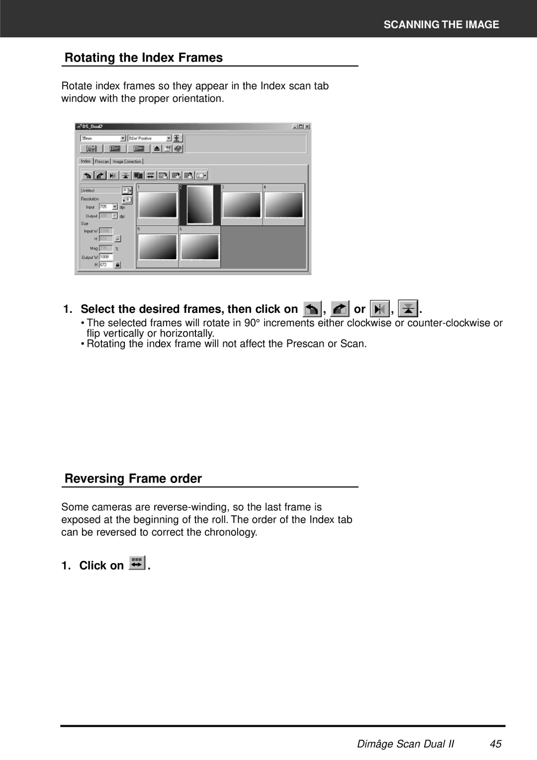 Minolta AF-2820U manual Rotating the Index Frames, Reversing Frame order, Select the desired frames, then click on , or 