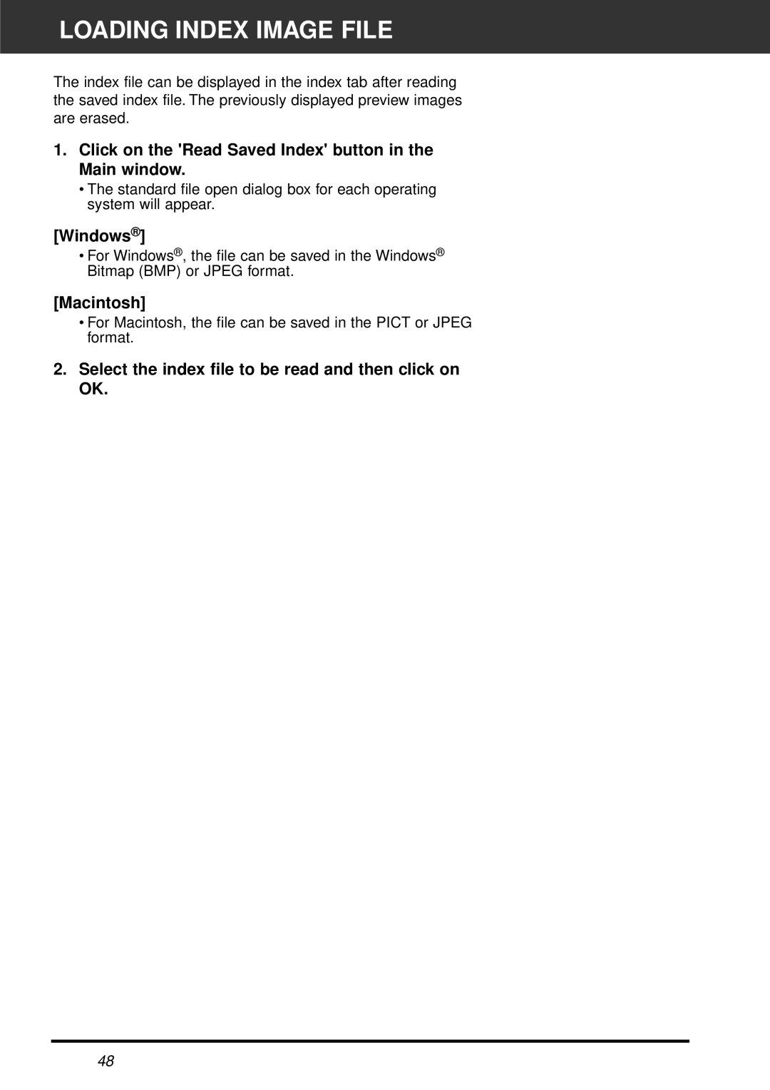 Minolta AF-2820U manual Loading Index Image File, Click on the Read Saved Index button in the Main window 