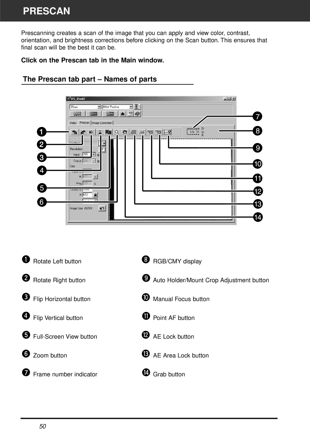 Minolta AF-2820U manual Prescan tab part Names of parts, Click on the Prescan tab in the Main window 