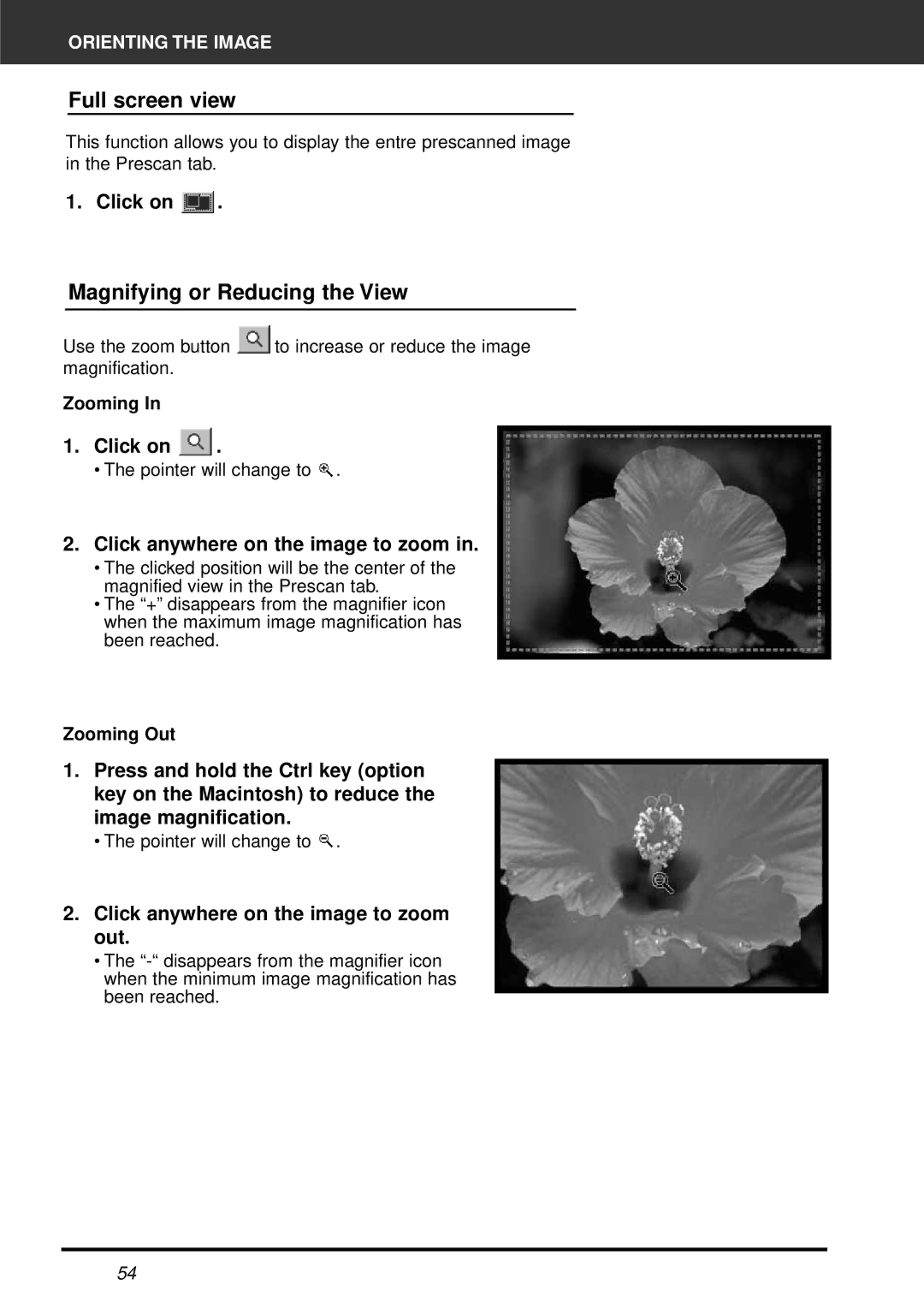 Minolta AF-2820U manual Full screen view, Magnifying or Reducing the View, Click anywhere on the image to zoom 