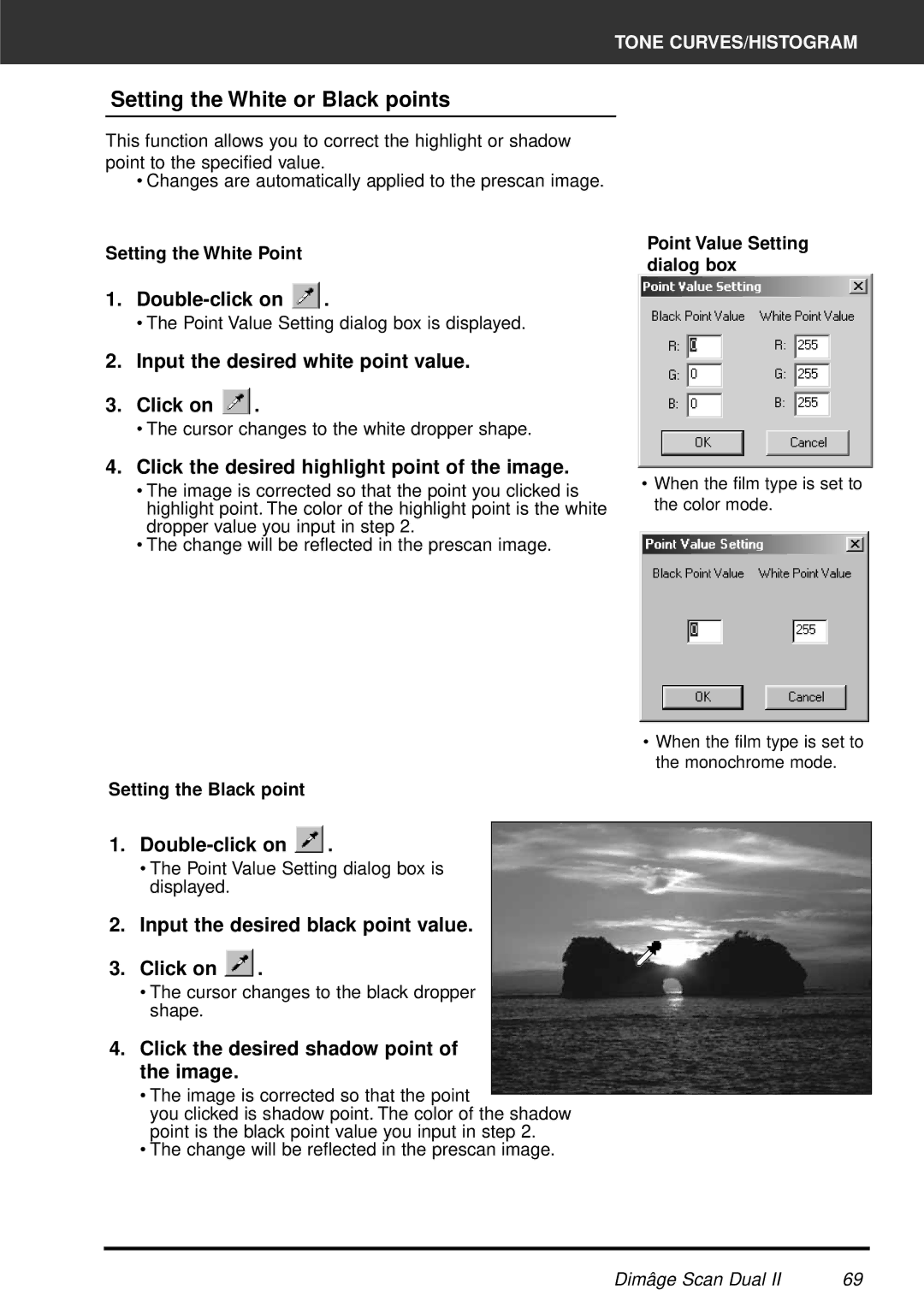 Minolta AF-2820U manual Setting the White or Black points, Input the desired white point value Click on 