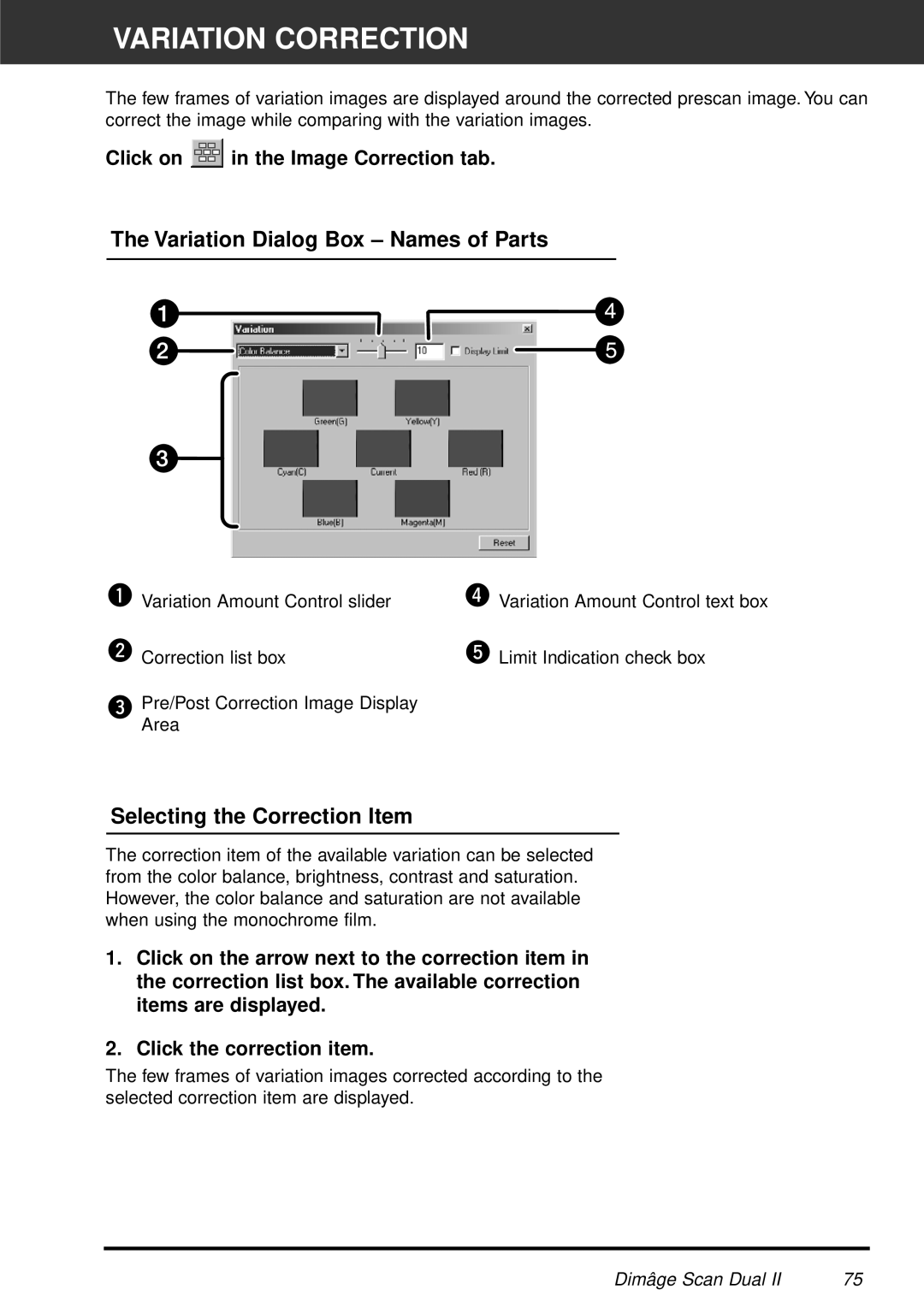 Minolta AF-2820U manual Variation Correction, Variation Dialog Box Names of Parts, Selecting the Correction Item 