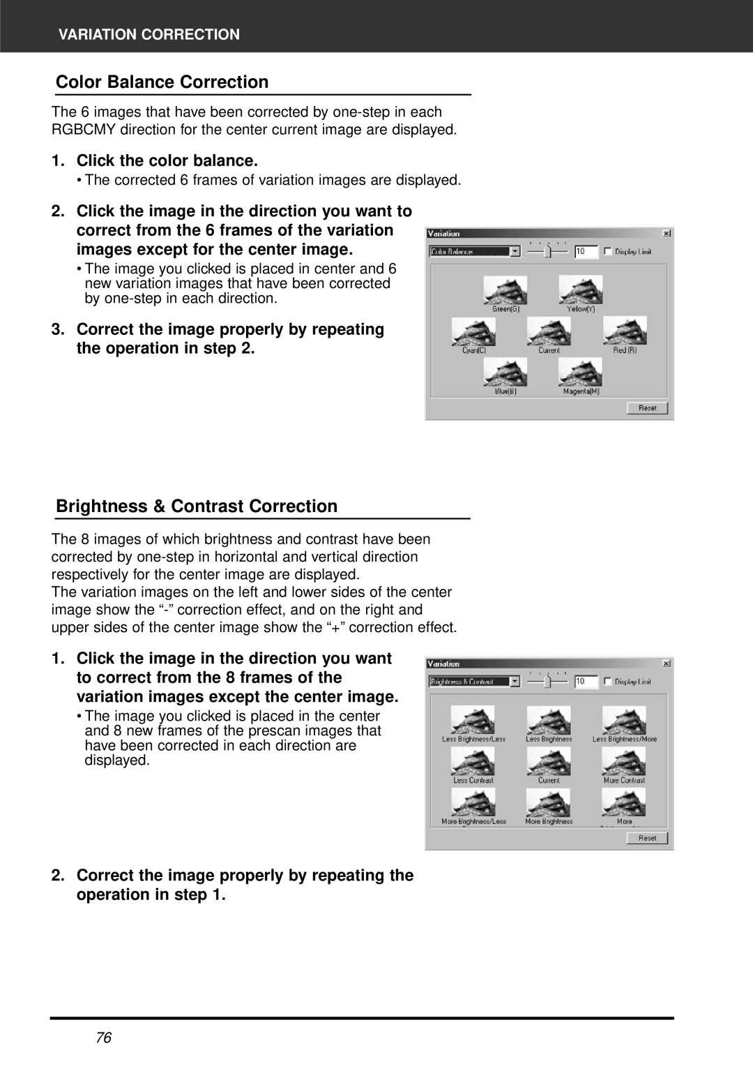 Minolta AF-2820U manual Color Balance Correction, Brightness & Contrast Correction, Click the color balance 