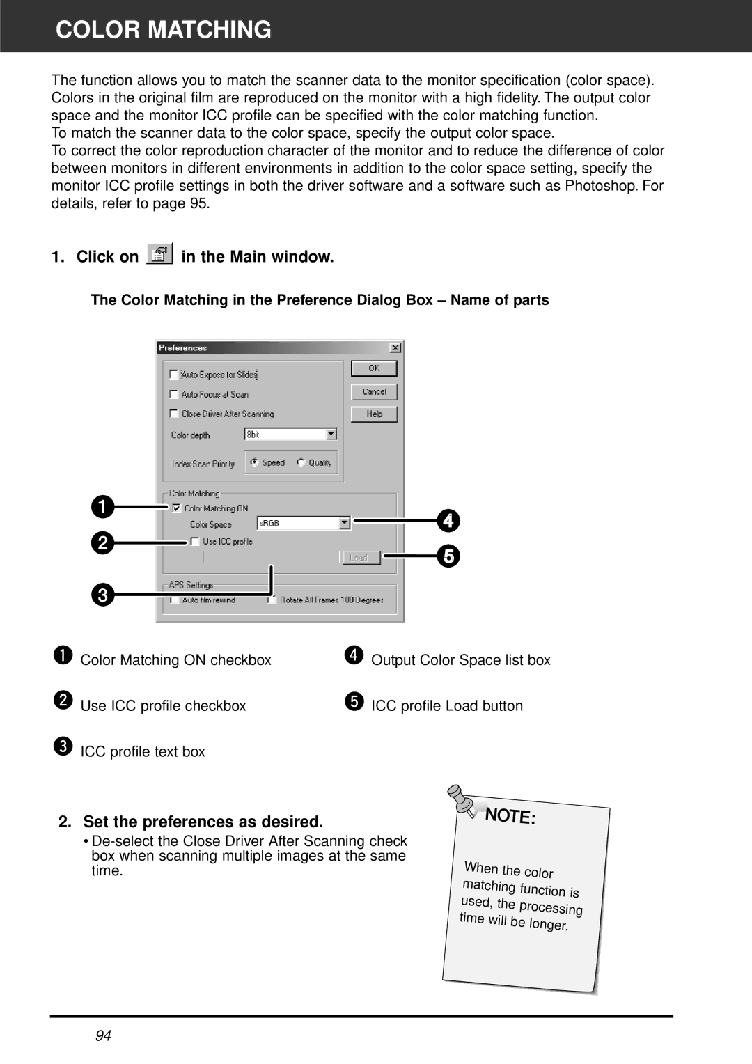 Minolta AF-2820U manual Color Matching in the Preference Dialog Box Name of parts 