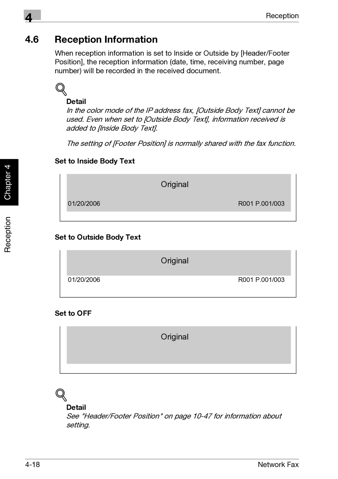 Minolta C352, C300 manual Reception Information, Set to Inside Body Text, Set to Outside Body Text, Set to OFF 