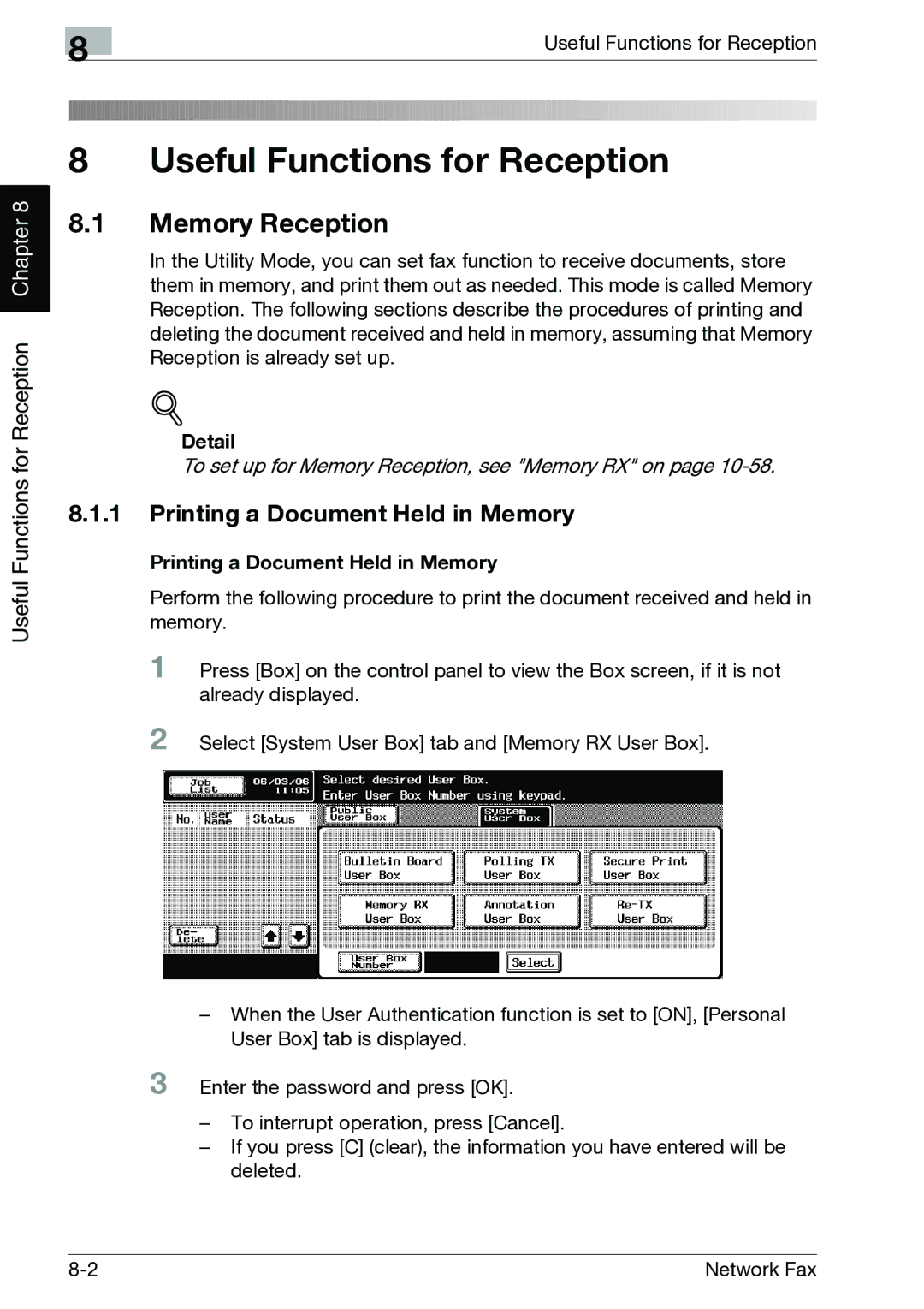 Minolta C352, C300 manual Memory Reception, Printing a Document Held in Memory 